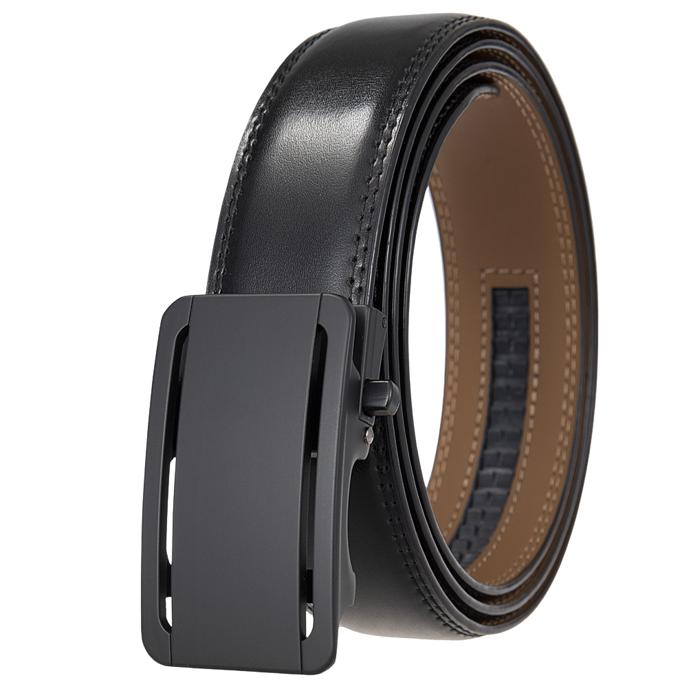 Ceinture Léo Tiss 95 pour homme, en cuir noir avec une boucle automatique rectangulaire argentée, finition mate. Idéale pour un style habillé ou décontracté. #fullwidth