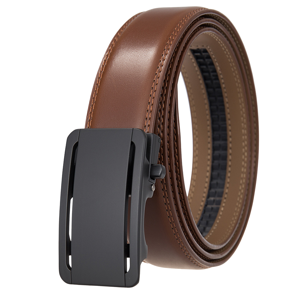 Ceinture pour homme Léo Tiss 95 en cuir marron avec boucle automatique noire et coutures apparentes, réglable de 110 à 130 cm.