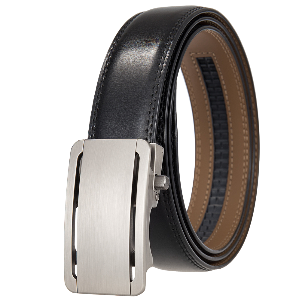 Ceinture Léo Tiss 95 en cuir noir avec boucle automatique rectangulaire argentée. #fullwidth
