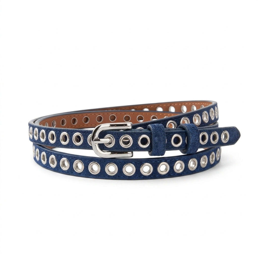 Ceinture femme Léonie fine en cuir bleu marine avec œillets métalliques et boucle ardillon ovale argentée