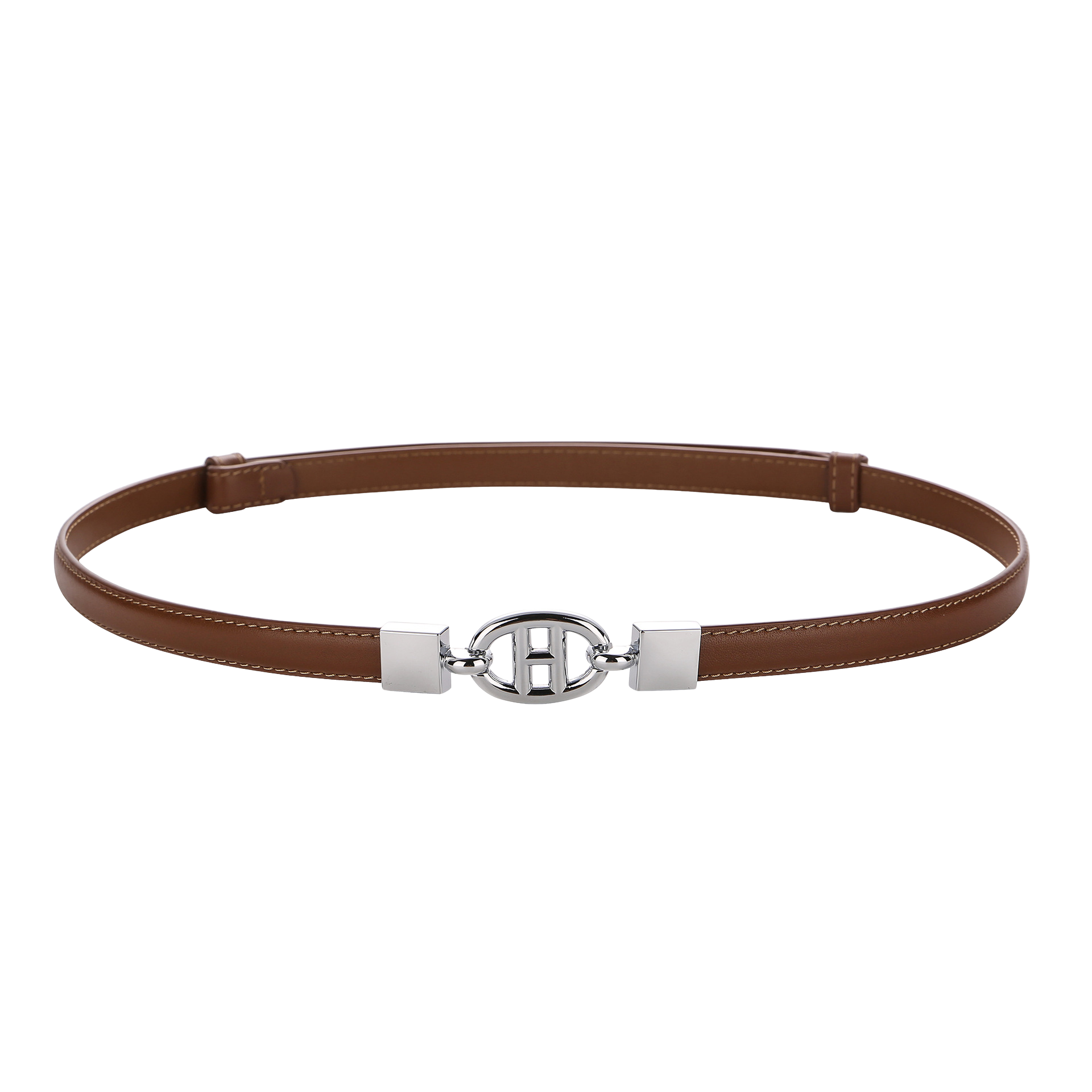 Ceinture fine Léontine en cuir marron foncé avec boucle argentée ovale style H et couture contrastée