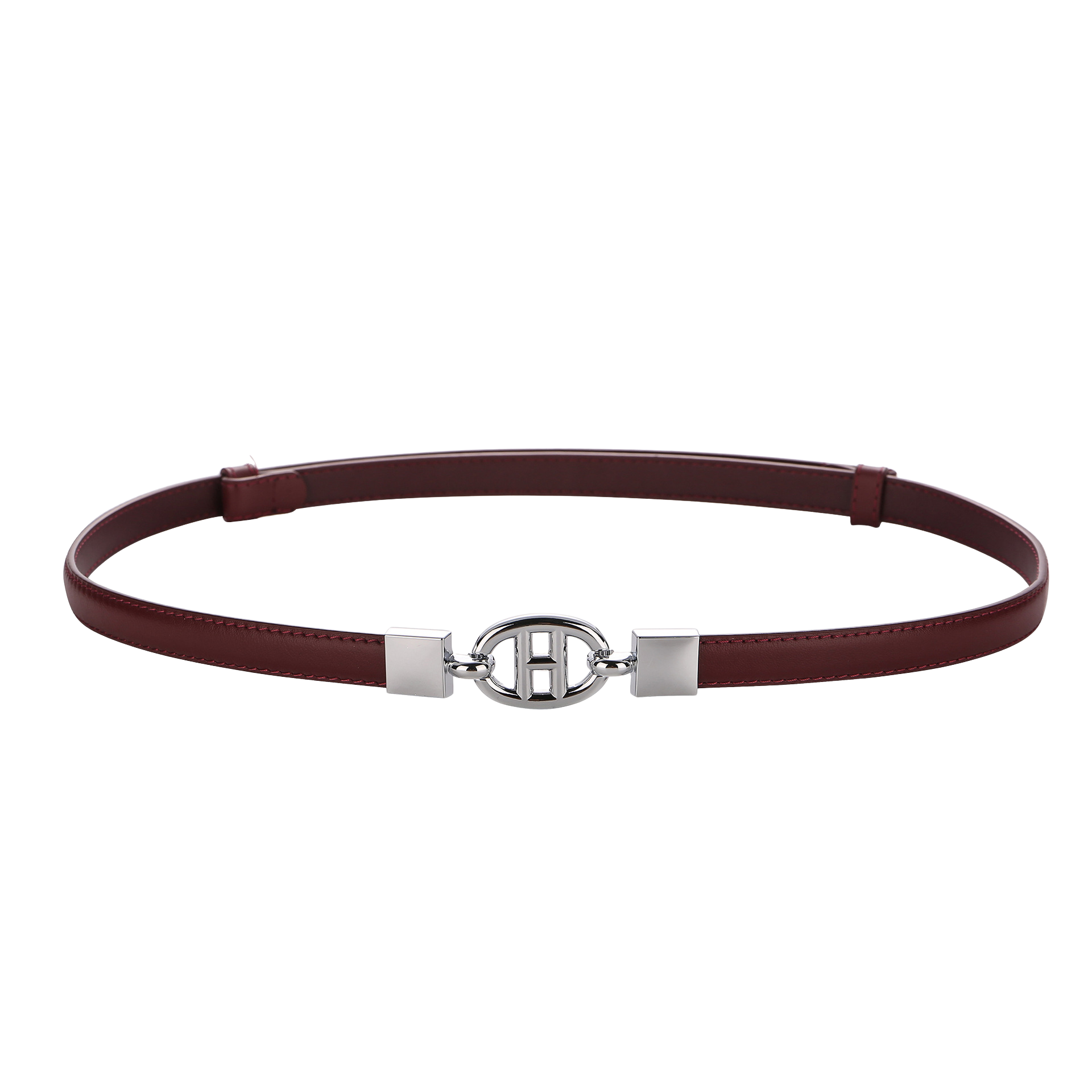 Ceinture fine Léontine en cuir bordeaux avec boucle ovale argentée style H.