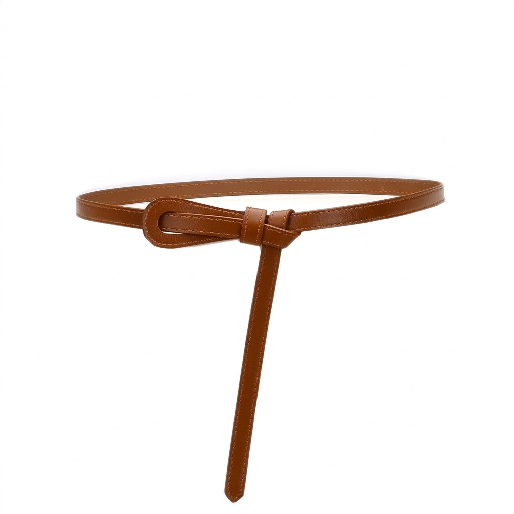Ceinture fine pour femme Léopoldine en cuir marron lisse avec boucle ardillon gainée de cuir, design épuré et sophistiqué sur fond blanc