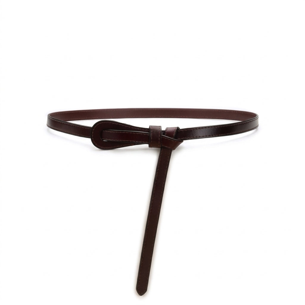 Ceinture fine pour femme Léopoldine en cuir marron lisse avec boucle ardillon gainée de cuir, design épuré et sophistiqué.