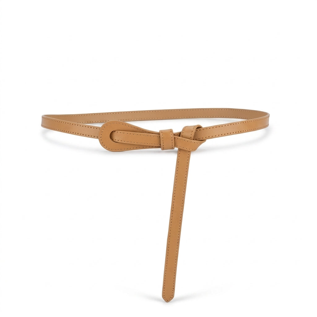 Ceinture fine pour femme Léopoldine en cuir camel lisse avec boucle ardillon gainée de cuir, design épuré et sophistiqué sur fond blanc