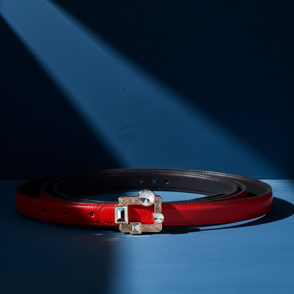 Ceinture femme Liberté rouge vernie à boucle dorée ornée de pierres brillantes et d'un fermoir T-bar discret. #fullwidth