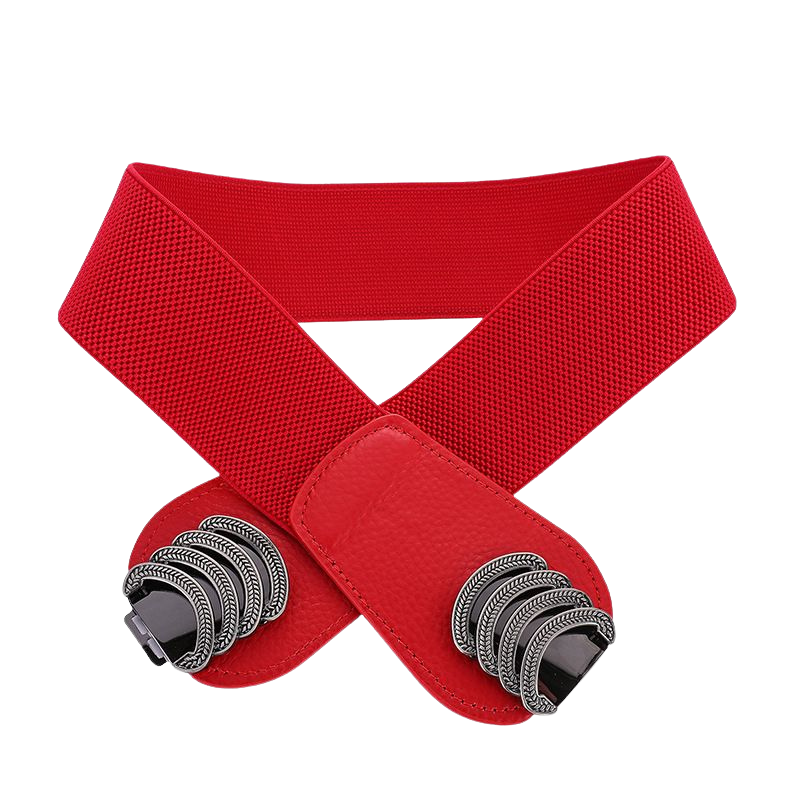 Ceinture large rouge Lilas pour femme en cuir avec boucle double crochet décorative argentée et texture grainée