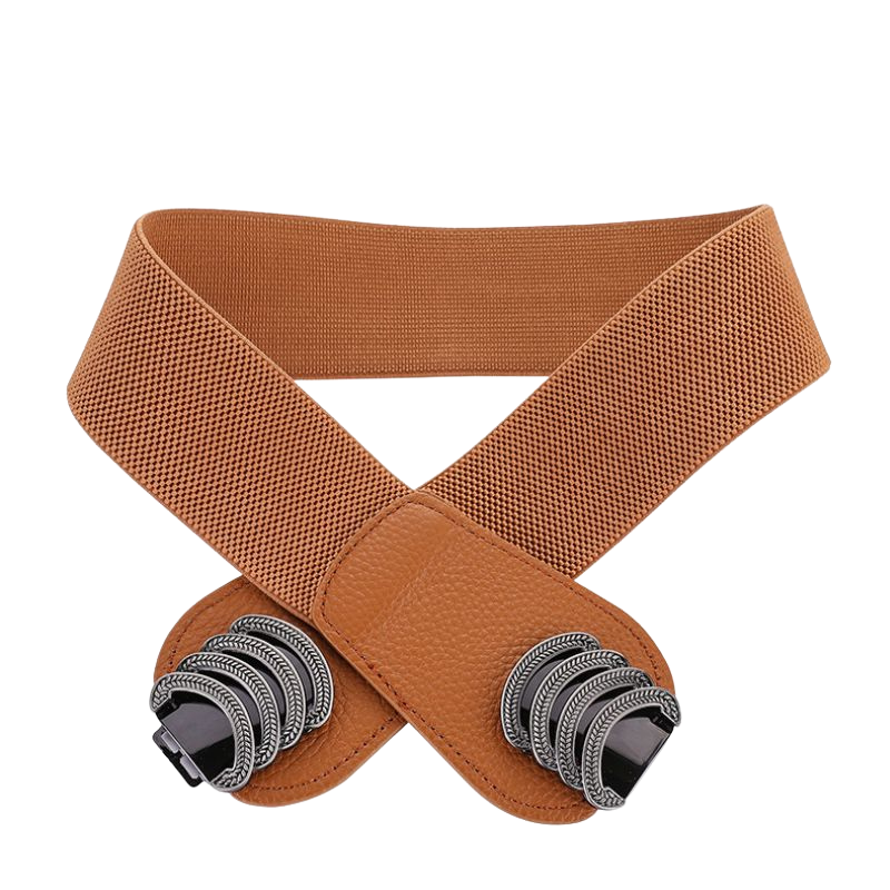 Ceinture large élastique marron pour femme, modèle Lilas, avec finitions en cuir grainé et boucle décorative argentée.