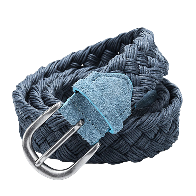 Ceinture Lille tressée bleu avec boucle argentée et finitions en suédine.
