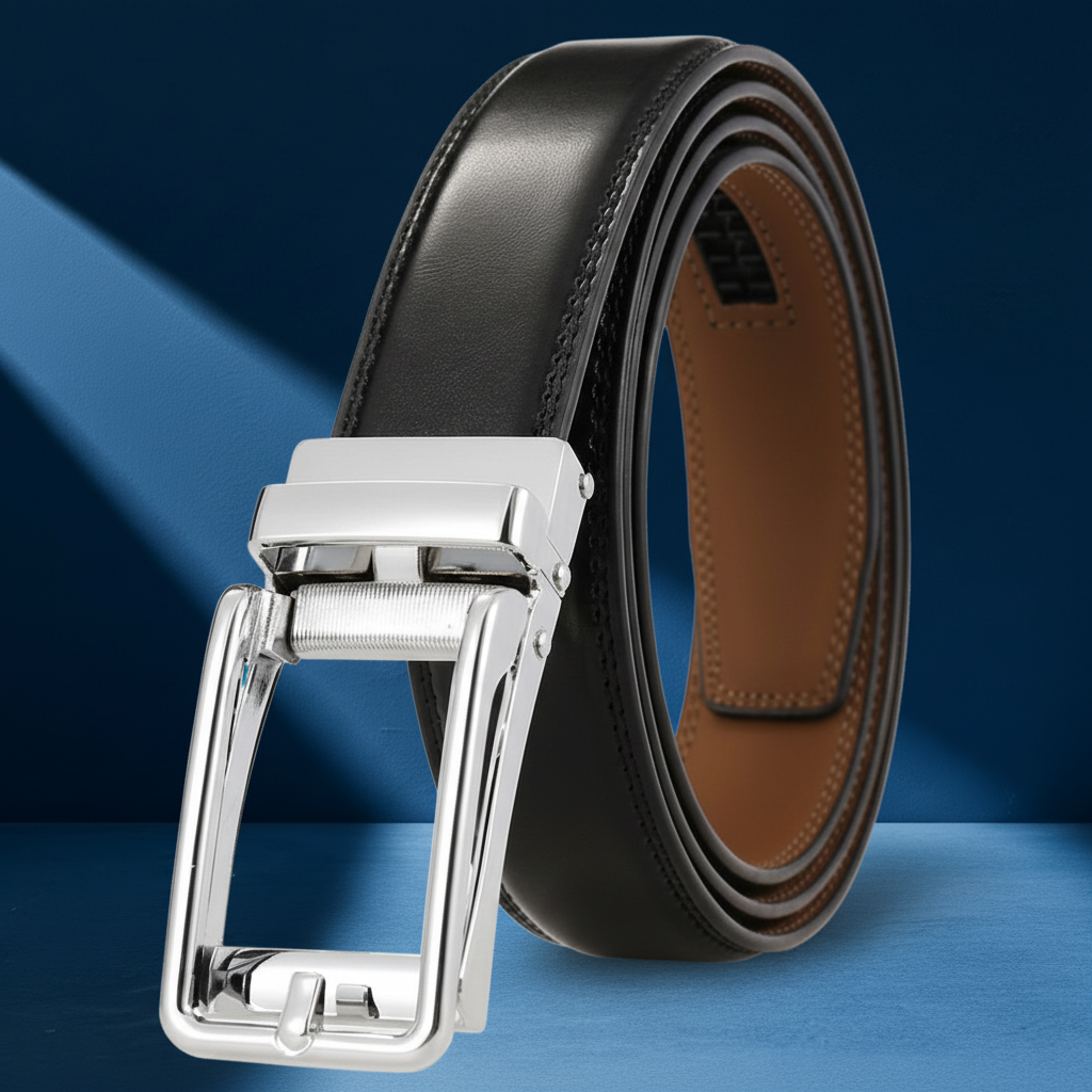 Ceinture noire pour homme, modèle Lin, en cuir de vachette refendu avec boucle automatique rectangulaire en métal chromé brillante et finition mate, largeur de 3,1 cm. #fullwidth