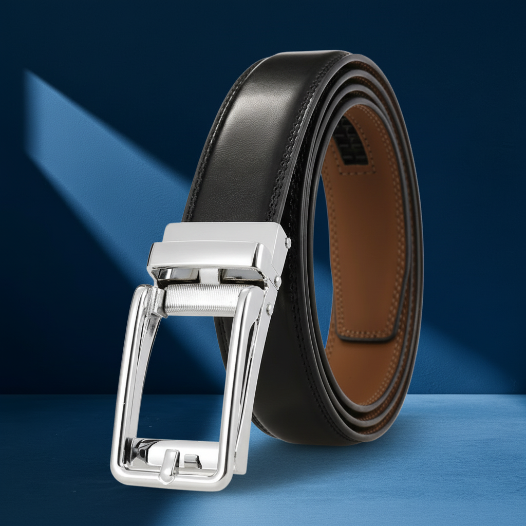 Ceinture Lin homme noire avec boucle automatique argentée, cuir de vachette refendu et finition lisse, 3,1 cm de largeur #fullwidth
