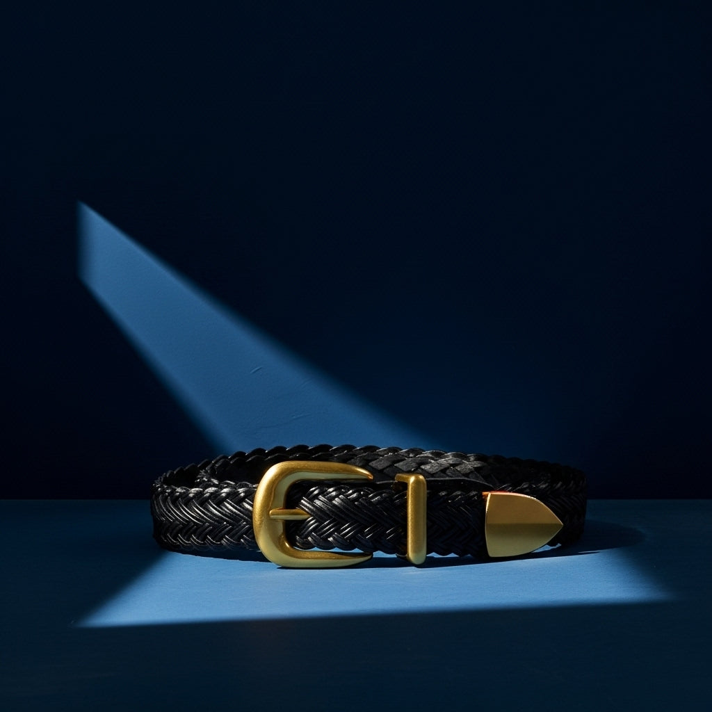 Ceinture Lison noire en simili-cuir tressé avec boucle ardillon demi-lune dorée et pointe dorée #fullwidth