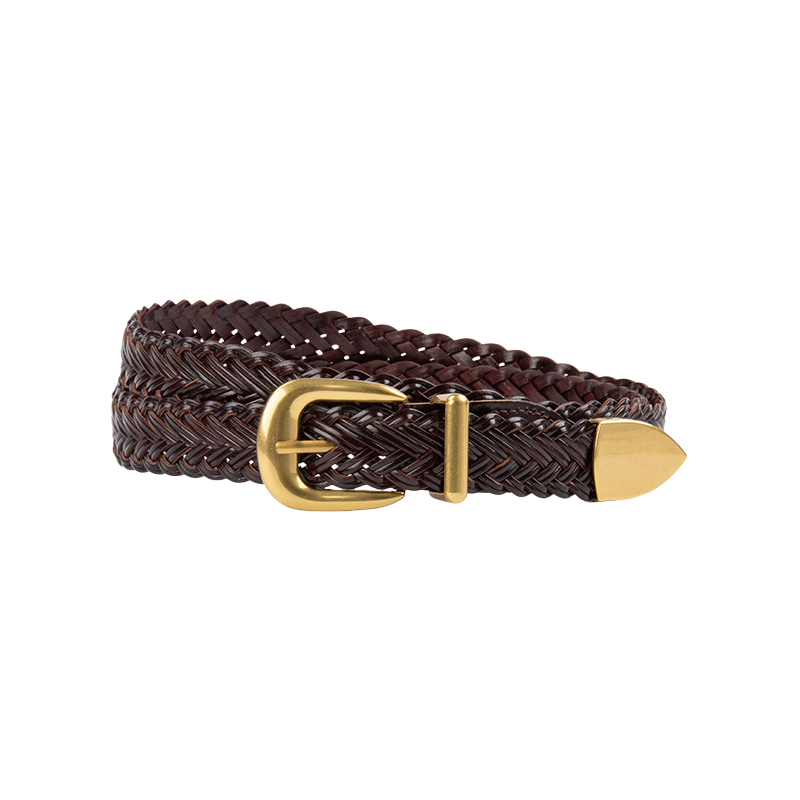 Ceinture femme Lison tressée en simili-cuir marron foncé avec boucle ardillon dorée demi-lune