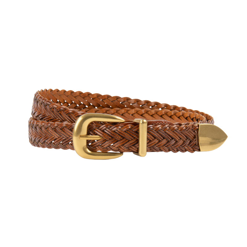 Ceinture Lison tressée en simili-cuir marron avec boucle ardillon demi-lune dorée.