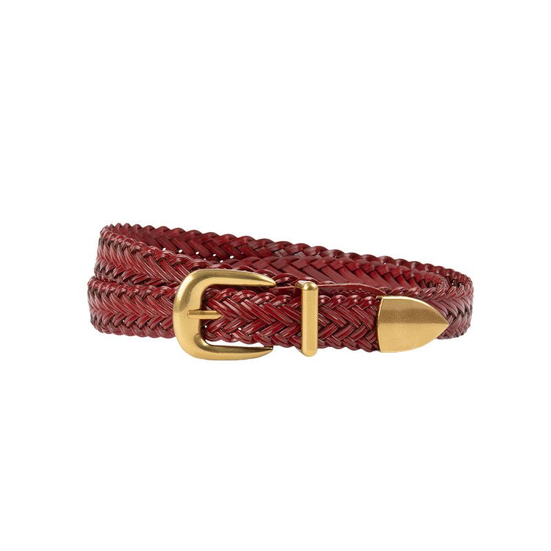 Ceinture fine Lison tressée en simili-cuir bordeaux avec boucle ardillon dorée demi-lune.