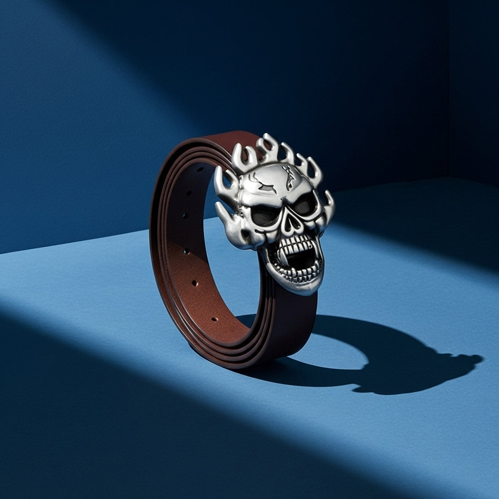 Ceinture Lou Rebel pour homme en cuir marron avec une boucle en forme de crâne enflammé 3D en alliage argenté. #fullwidth