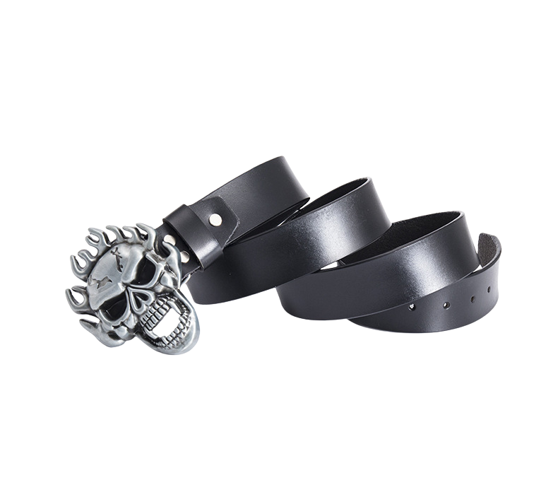 Ceinture Lou Rebel noire pour homme avec une boucle argentée en forme de crâne enflammé en alliage 3D.