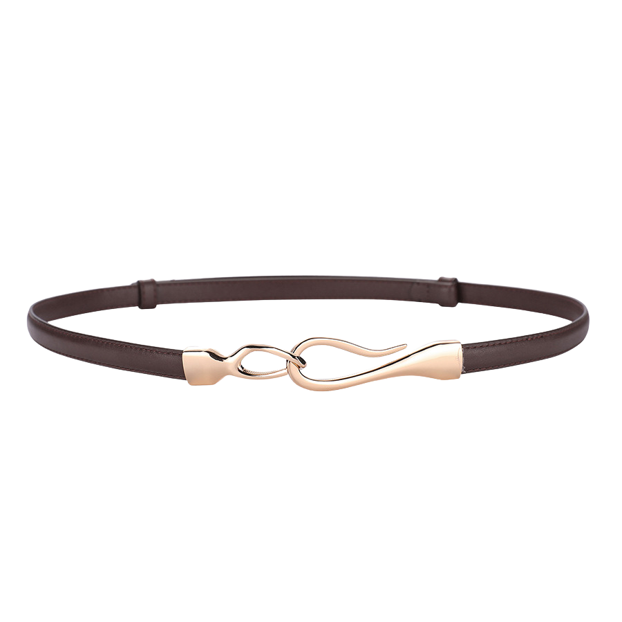 Ceinture fine Louane en cuir marron avec boucle crochet dorée asymétrique, style bijou.
