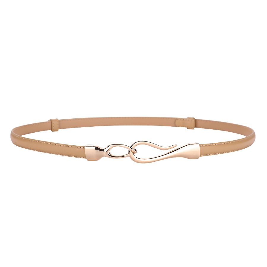 Ceinture fine Louane en cuir beige avec boucle crochet dorée asymétrique et ondulée.
