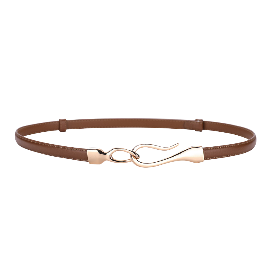 Ceinture Louane fine en cuir marron avec boucle crochet dorée asymétrique et ondulée, largeur 1.4 cm.