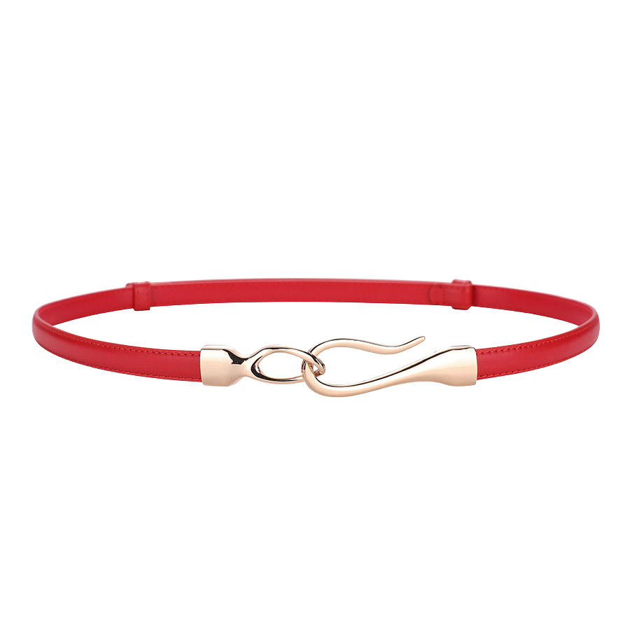 Ceinture fine Louane en cuir rouge avec boucle dorée asymétrique en forme de crochet, style bijou.