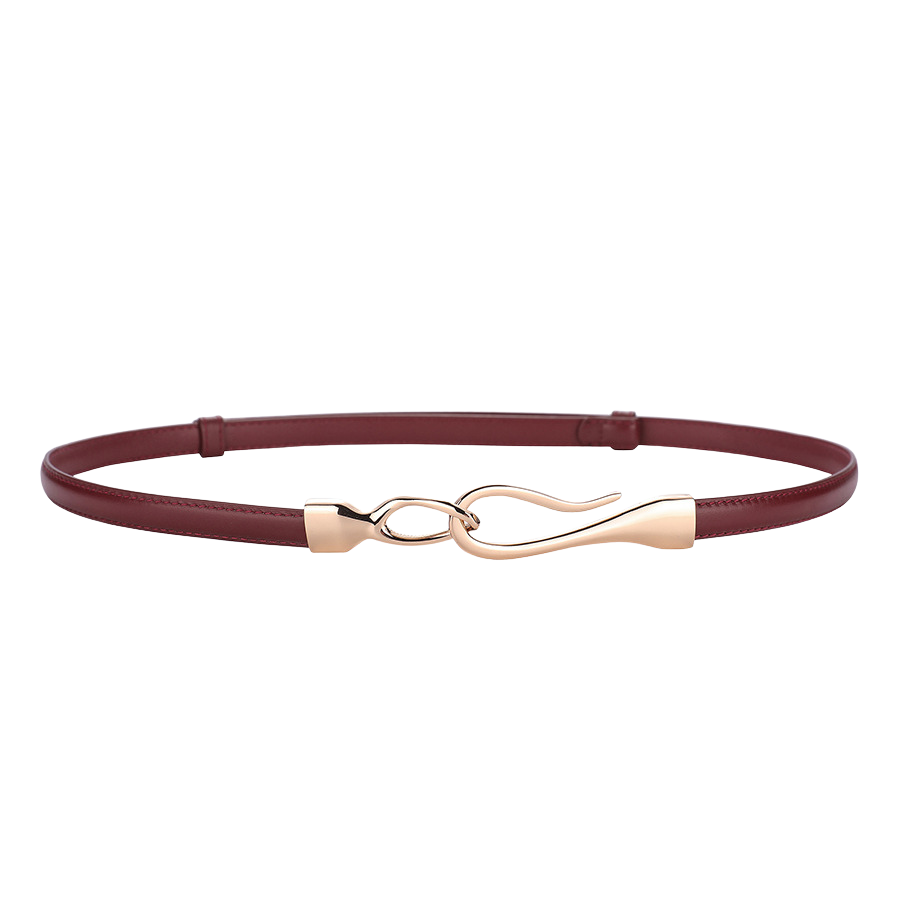 Ceinture Louane en cuir bordeaux pour femme, fine avec boucle crochet dorée asymétrique et ondulée, style bijou.