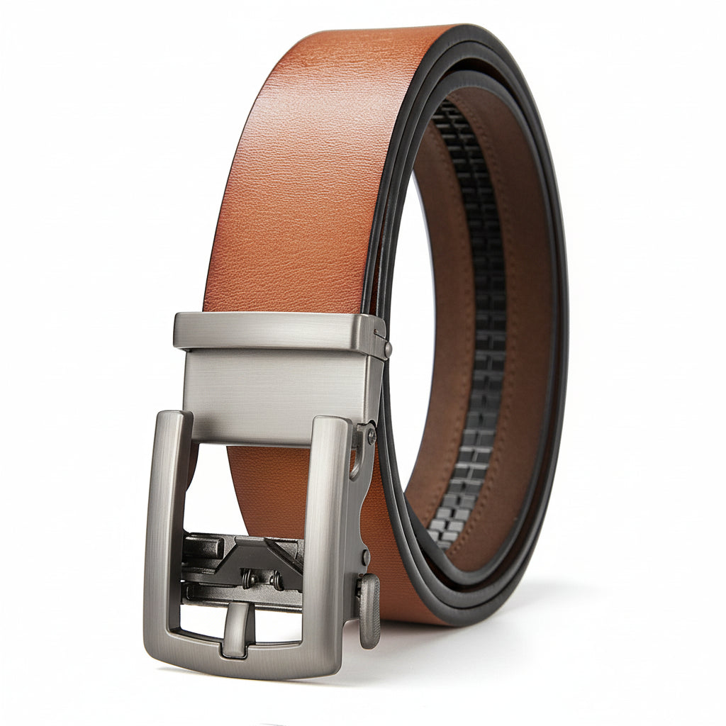 Ceinture Louis pour homme en cuir refendu de vachette marron clair avec boucle automatique rectangulaire en métal argenté. #fullwidth