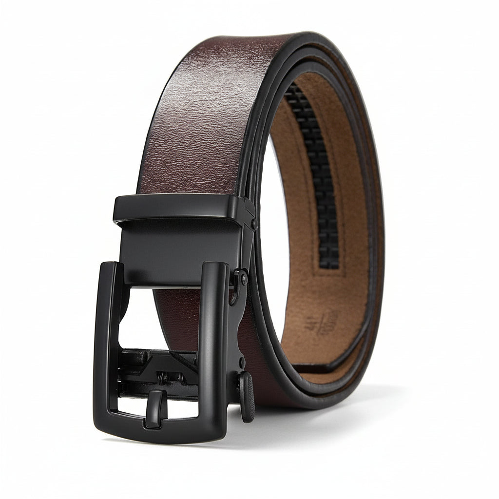 Ceinture Louis marron en cuir refendu de vachette avec boucle automatique rectangulaire en métal argenté
