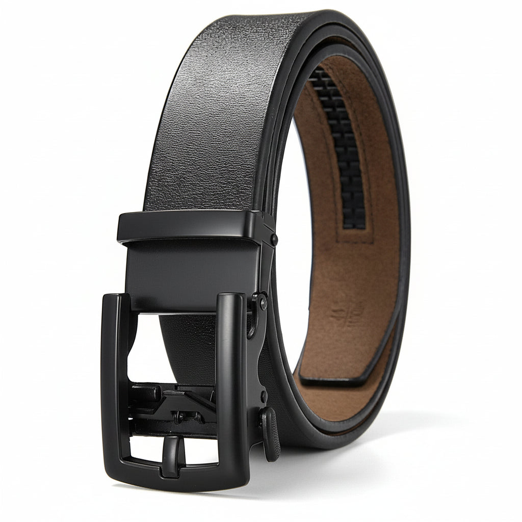Ceinture Louis pour homme en cuir noir avec boucle automatique rectangulaire argentée, texture lisse et finition sobre. L'intérieur de la ceinture est de couleur marron clair. #fullwidth