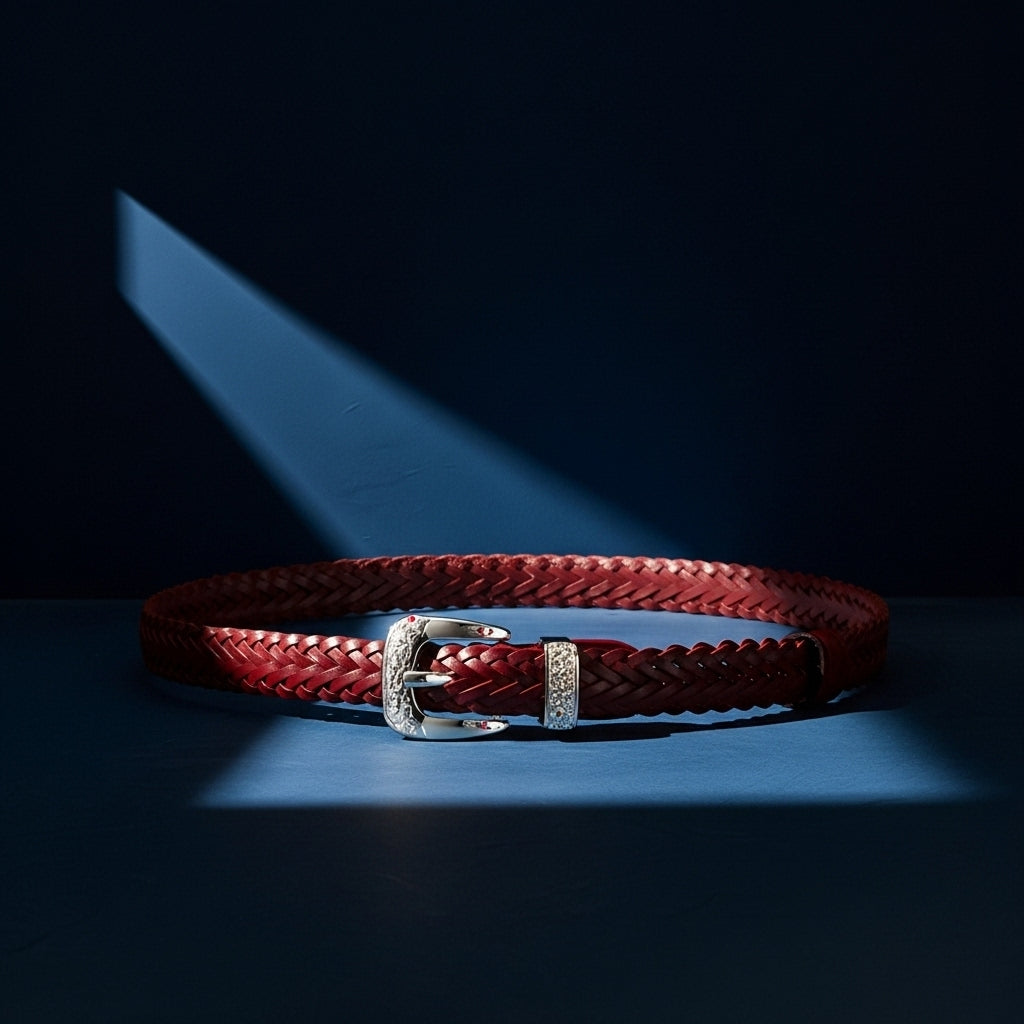 Ceinture Louna rouge en simili cuir tressé avec une boucle argentée arrondie et décorée, #fullwidth