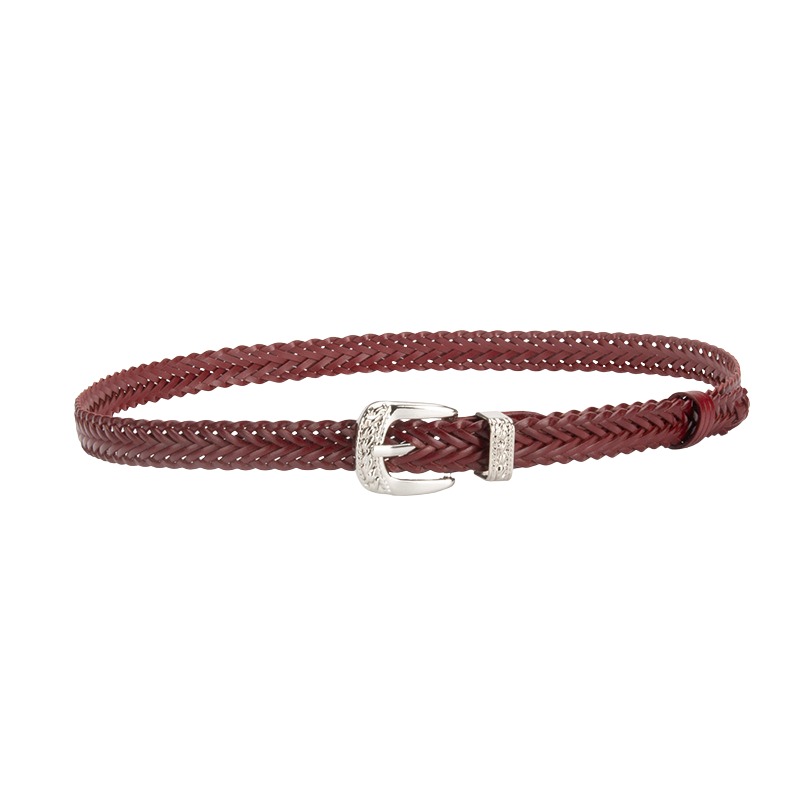 Ceinture femme Louna tressée bordeaux avec boucle argentée arrondie et détail ajouré.