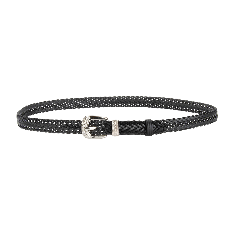 Ceinture femme Louna noire tressée avec boucle argentée ornée de strass.