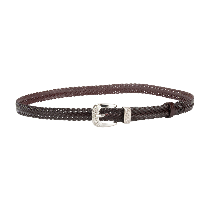 Ceinture fine tressée marron de la marque Louna, dotée d'une boucle argentée décorée de strass.