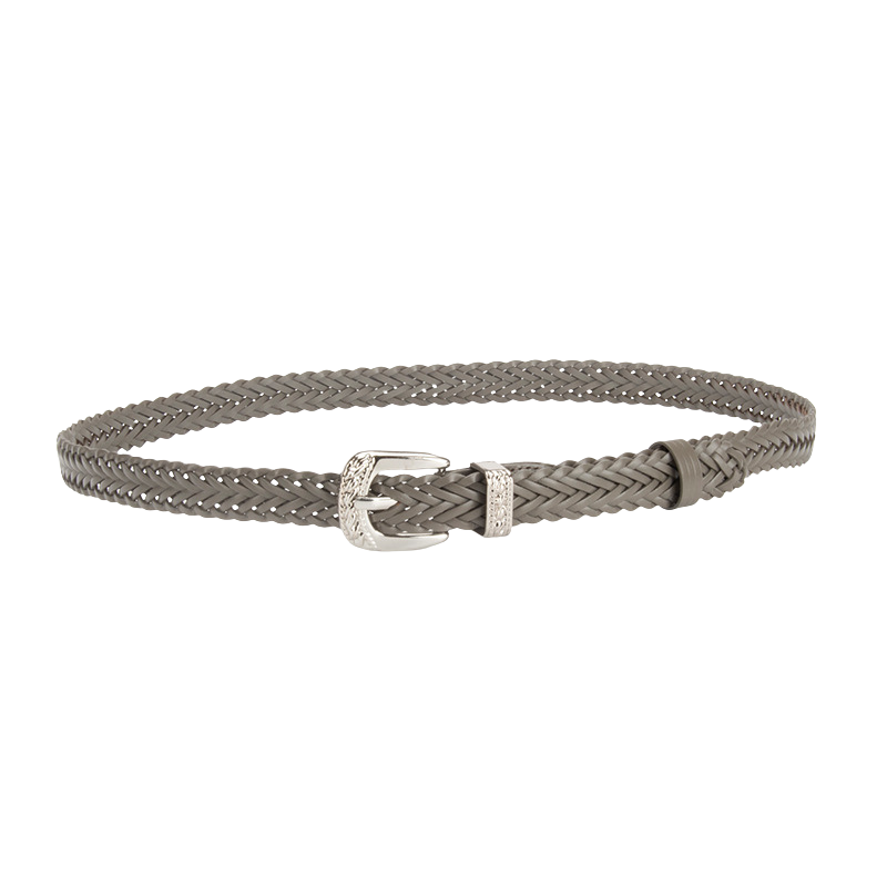 Ceinture femme Louna tressée grise avec boucle argentée.