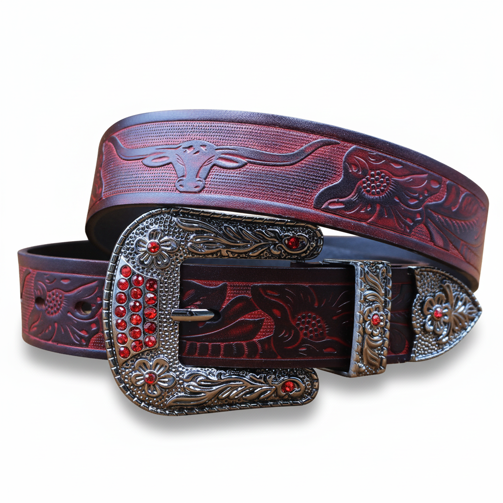 Ceinture Loup Noir pour homme en cuir bordeaux avec motifs gravés de tête de taureau et de fleurs, boucle argentée ornée de strass rouges.