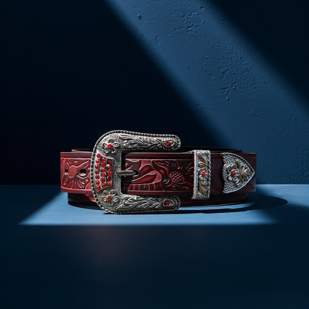 Ceinture Loup Noir pour homme en cuir bordeaux texturé avec motifs gravés et boucle ardillon argentée ornée de strass rouges et de gravures de fleurs et tête de taureau. #fullwidth