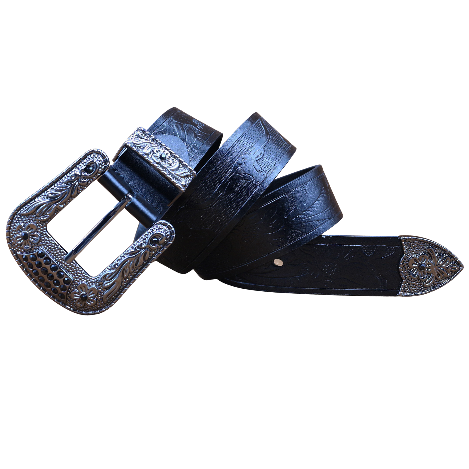 Ceinture Loup Noir en cuir noir pour homme, avec boucle argentée gravée d'une tête de taureau et de motifs floraux. #fullwidth