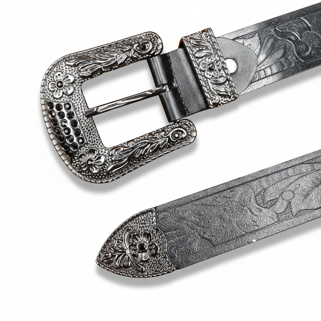 Ceinture Loup Noir pour homme, en cuir noir avec boucle argentée gravée d'une tête de taureau et de motifs floraux. #fullwidth