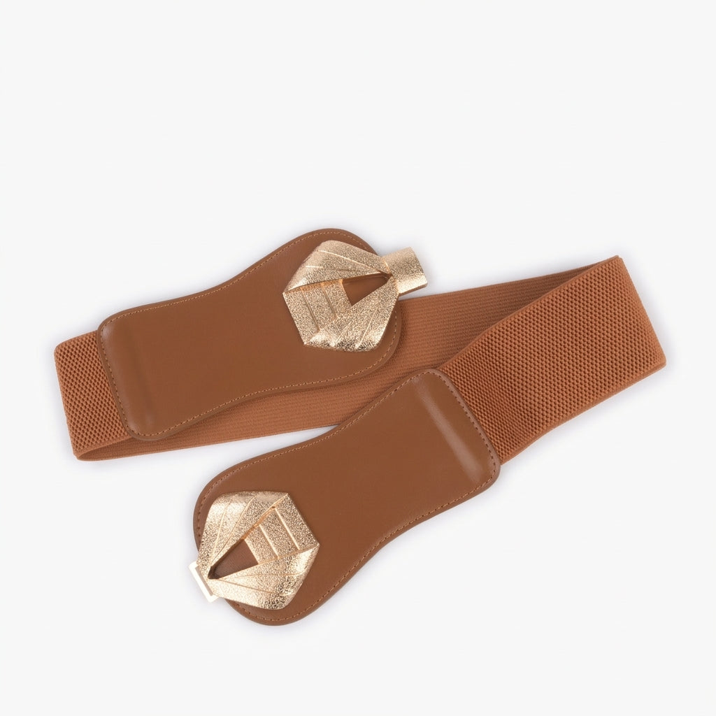 Ceinture large pour femme Lourmarin en cuir marron et textile extensible avec boucle ardillon dorée graphique