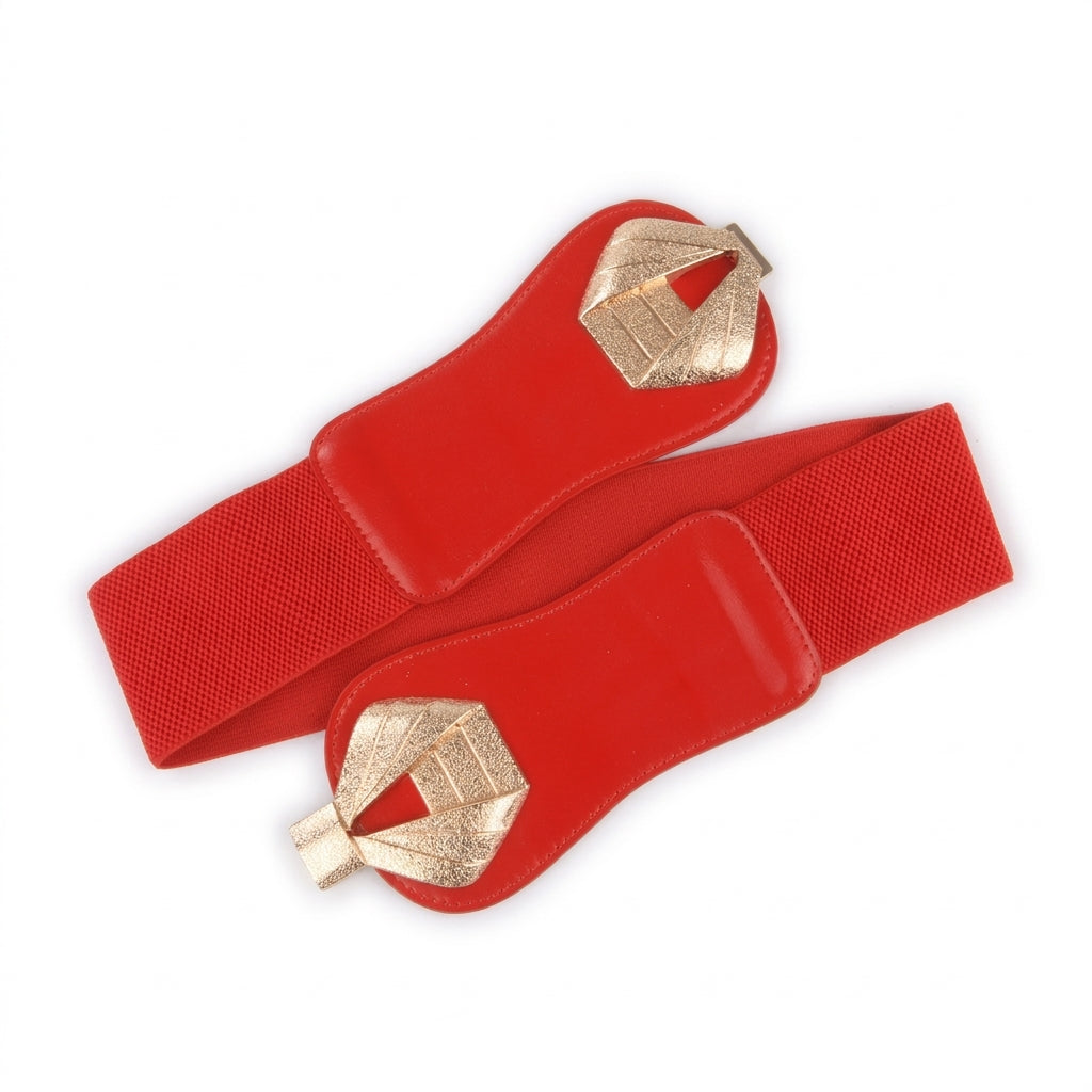 Ceinture femme large rouge Lourmarin en cuir et tissu extensible avec boucle métallique dorée au design graphique