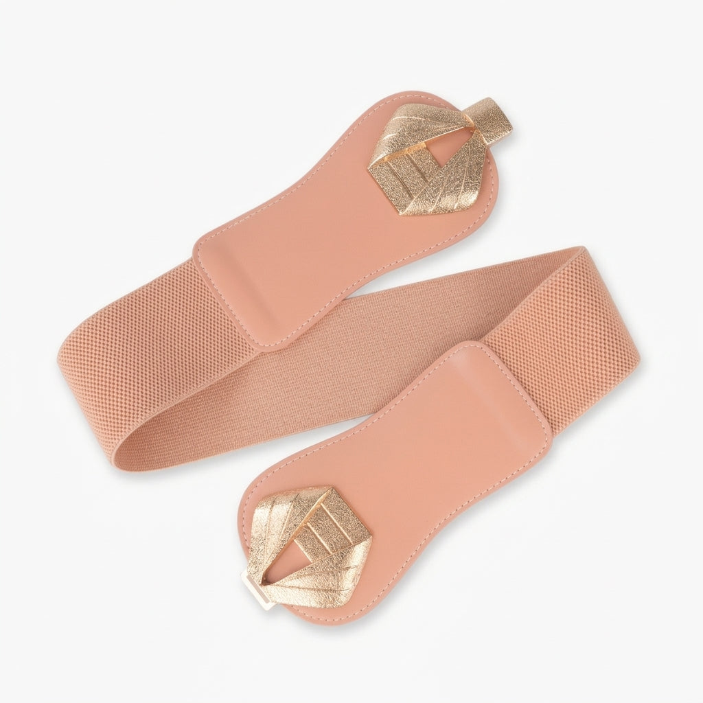 Ceinture large pour femme Lourmarin en textile extensible rose poudré avec empiècements en cuir lisse et boucle ardillon dorée graphique