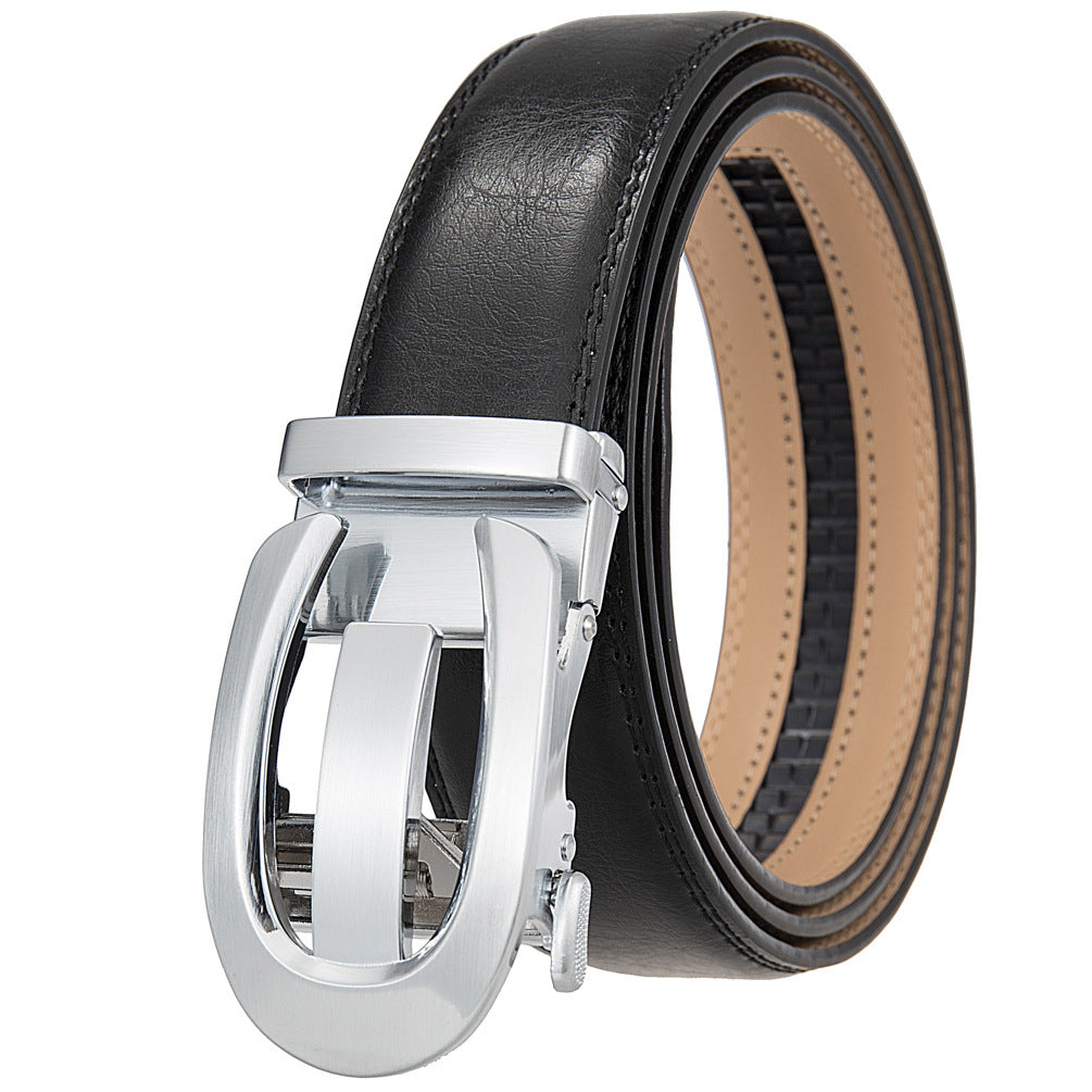 Ceinture homme Louvre60 en cuir de vachette noir avec boucle automatique ovale en alliage argenté brossé #fullwidth
