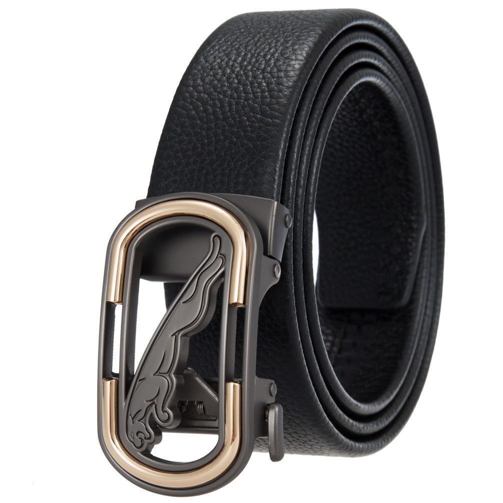 Ceinture pour homme Luc Tan noire avec boucle ovale ajourée et motif félin stylisé, finition argentée et dorée.