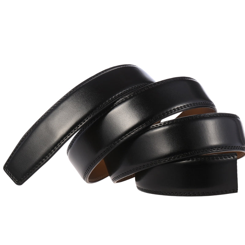 Ceinture Lucien noire en cuir de vachette avec boucle automatique rectangulaire argentée brossée.