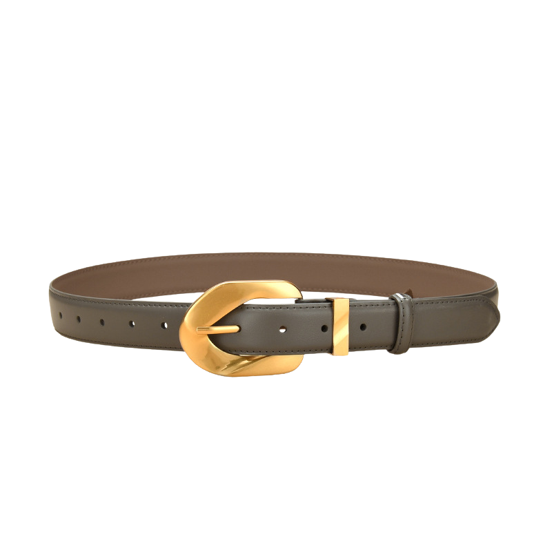 Ceinture Lydie en cuir refendu de vachette couleur café avec une boucle ardillon métallique dorée en forme de C. Largeur de 2,8 cm.