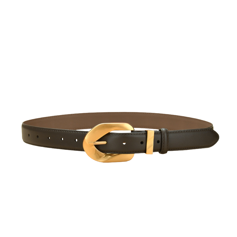 Ceinture Lydie en cuir refendu marron foncé avec boucle ardillon dorée en forme de C et 2,8 cm de largeur.