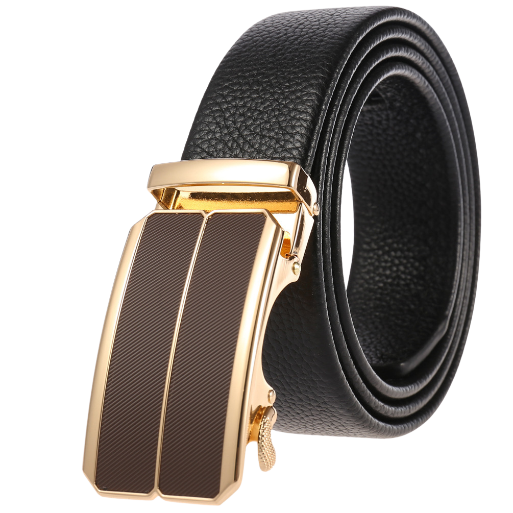 Ceinture homme Maël en cuir noir texturé avec boucle automatique rectangulaire dorée et insert marron strié.