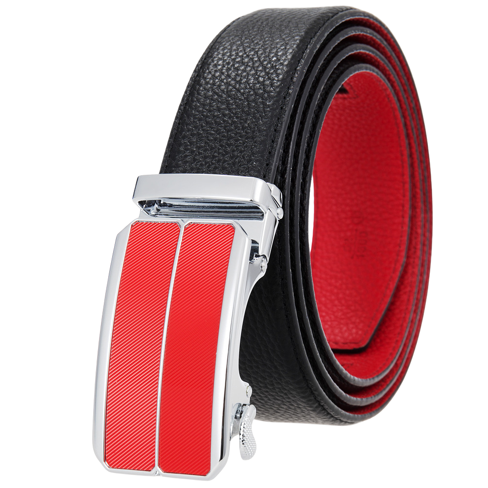 Ceinture homme Maël réversible noire et rouge avec boucle automatique striée en alliage métallique.