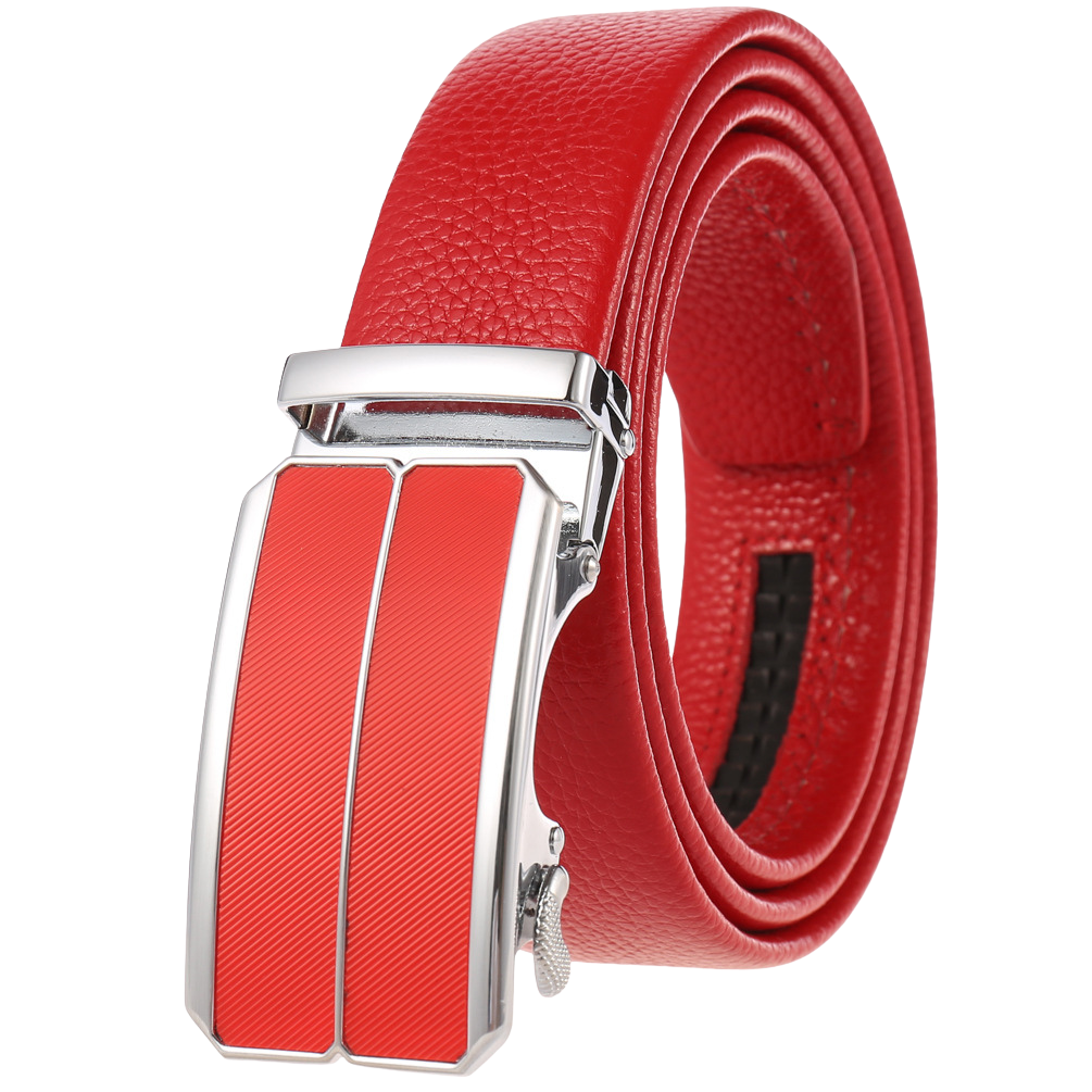 Ceinture Maël homme rouge en cuir texturé avec boucle métallique argentée striée et détails rouges