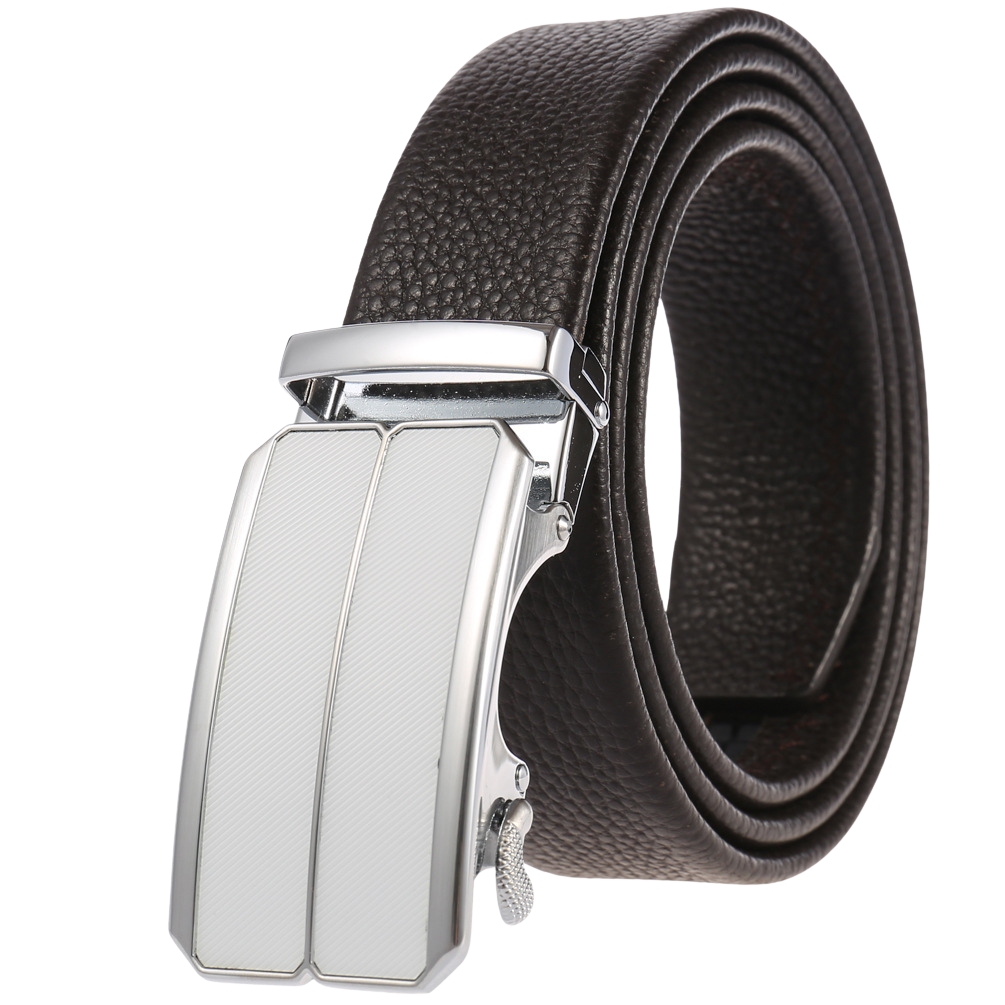 Ceinture homme Maël en cuir brun texturé avec boucle automatique rectangulaire argentée et striée, largeur 3.5cm.